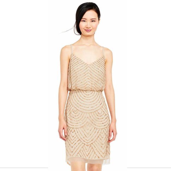 NEW Adrianna Papell Sequin‎ Mesh Blouson Dress in Champagne Gold [SZ 4 ] - Picture 9 of 9